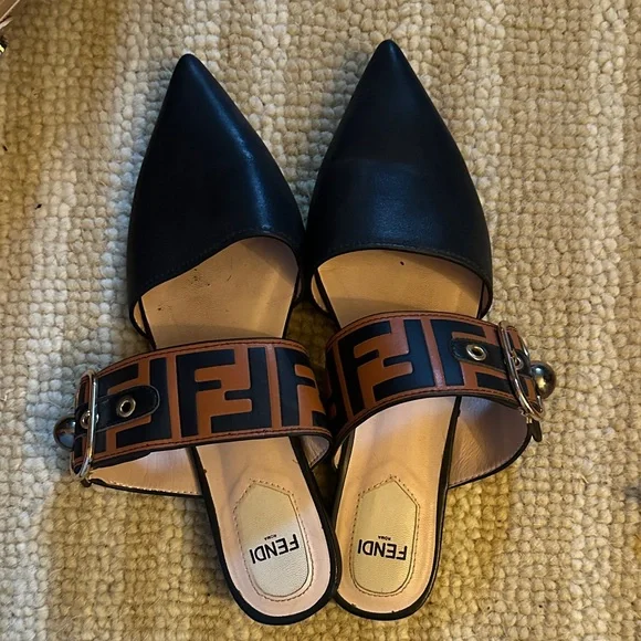 Black Mules with Brown Logo Strap - Picture 1 of 2